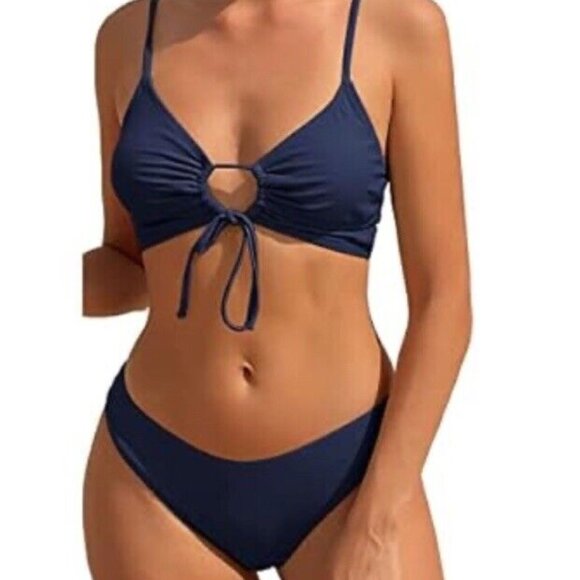 Zaful Navy Blue‎ Two Piece Keyhole Front Bikini Set Women's Size 8 Cut Out NWOT - Picture 1 of 16